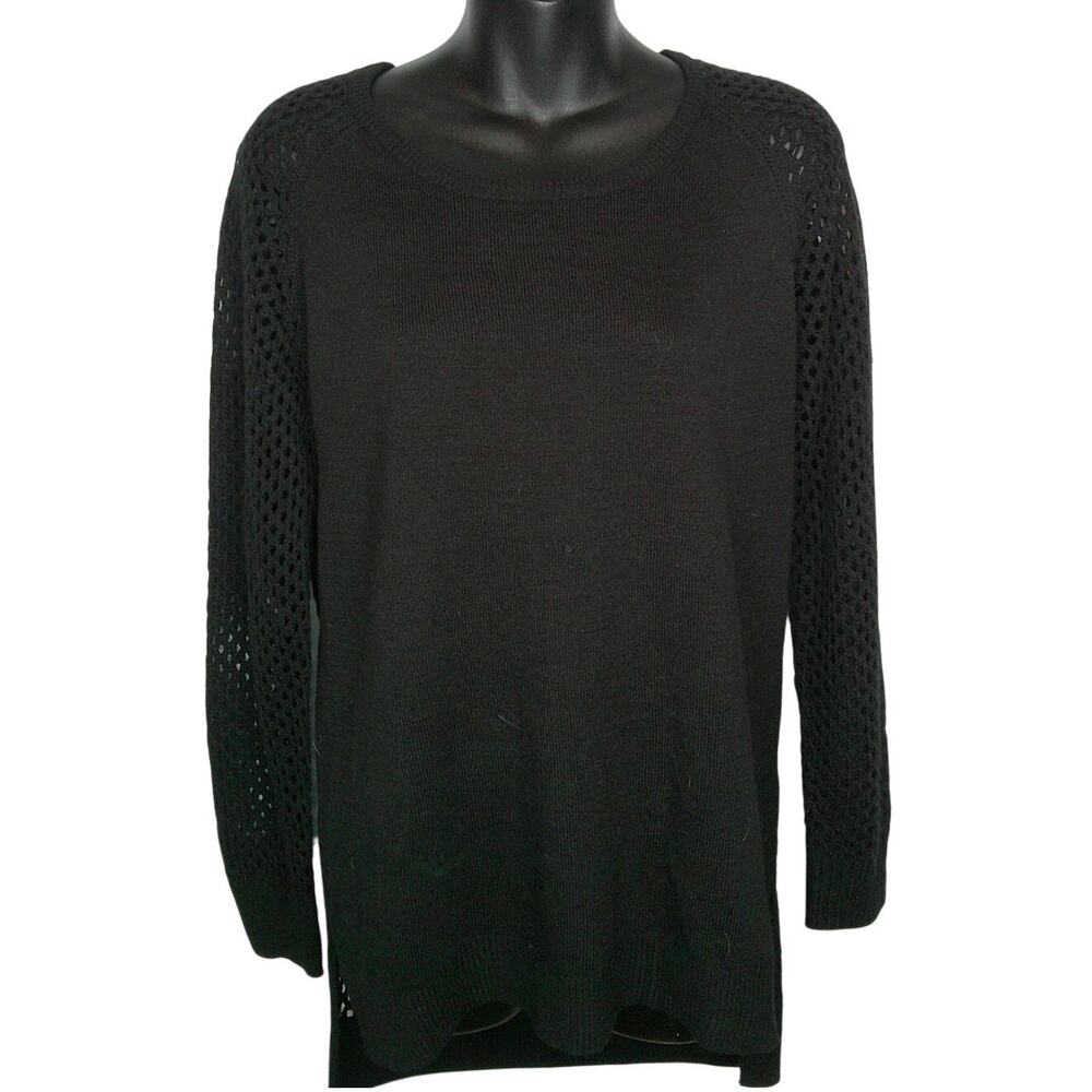 My Story Women's M Black Knit Sweater Crochet Fishnet Back